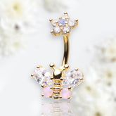 14G Gold Flower Top Clear Gem Butterfly Belly Button Ring